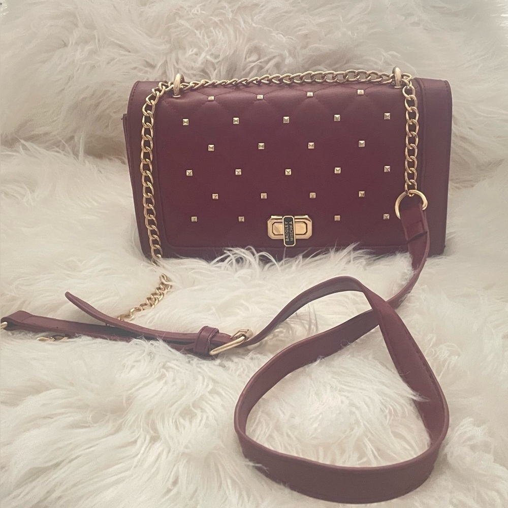 Badgley Mischka Quilted Shoulder Bag Burgundy with Gold Studs